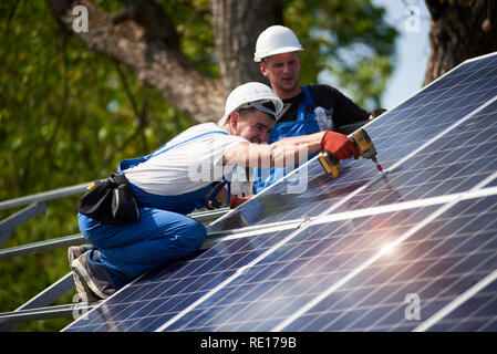 Professional technicians working with electrical screwdriver installing shiny solar photo voltaic panel to metal platform system on green tree thick foliage background. Stock Photo