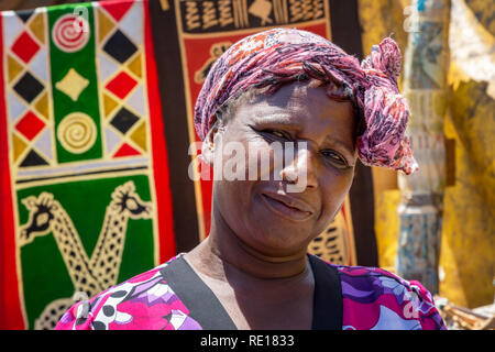 Graskop, South Africa - 5th November 2016: African women sells textiles and crafts at a street market. Stock Photo
