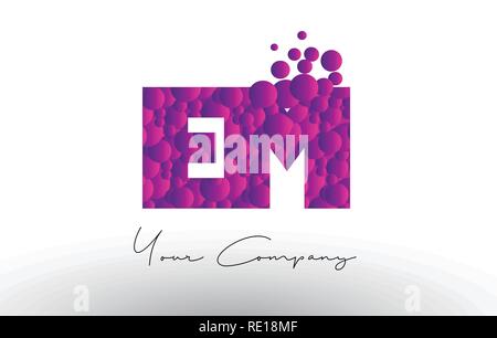 EM E M Dots Letter Logo with Purple Pink Magenta Bubbles Texture Vector. Stock Vector