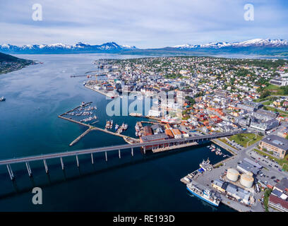 Bridge of city Tromso, Norway aerial photography. Tromso is considered the northernmost city in the world with a population above 50,000. Stock Photo