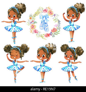 African American Ballerina Princess Character Dancer Set. Cute Child Girl wear Blue Tutu Costume Training in School Class. Baby Ballet Poster Design Concept Watercolor Cartoon Illustration. Isolated. Stock Photo