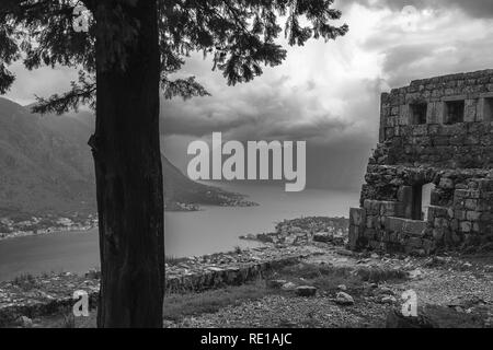 View from St. John's Fort over Boka Kotorska, Montenegro.  Black and white version Stock Photo