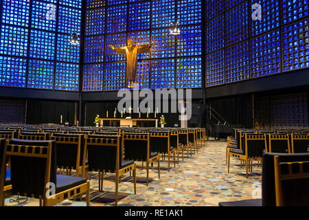 New Kaiser Wilhelm Memorial Church interior with crucifix and stained glass inlays, Berlin, Germany Stock Photo