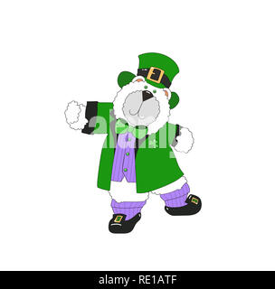 Clip art illustration of a cute bear dressed as a leprechaun and dancing on a white background. Stock Photo