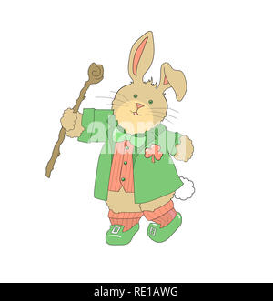 Clip art illustration of a cute rabbit/bunny dressed as a leprechaun and dancing on a white background. Stock Photo