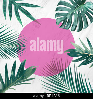Tropical leaves on marble background with pink copy space.summer concepts ideas Stock Photo