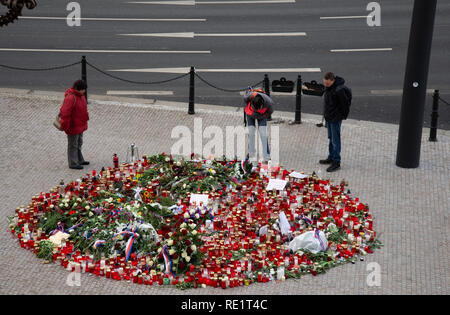 Wenceslas Square Prague 17th Jan 2019: flowers commemorate 50 years since Jan Palach immolation. Next day a man set himself on fire at the same spot. Stock Photo
