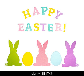 Happy Easter greeting card with paper eggs and bunnies Stock Photo