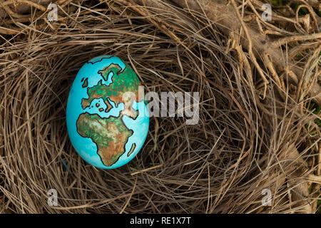 Planet Earth painted on an egg in a birds nest. Stock Photo