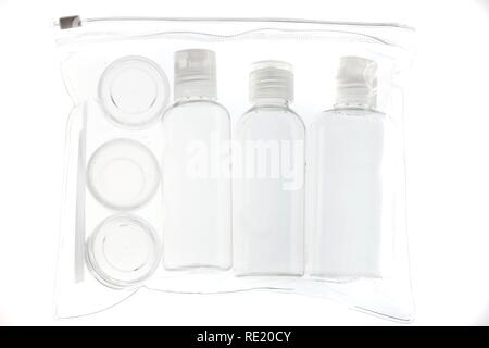 Transparent plastic bag, air safety bag for small quantities of liquids and gels, pastes, creams, which may be carried in hand Stock Photo