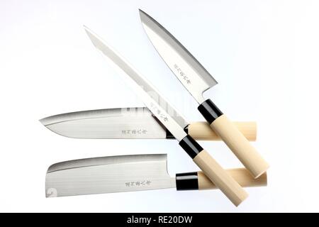 Japanese chef's knives, fish knife, meat knife, cleaver, filleting knife, kitchen knife, engraved with characters, wooden handle Stock Photo