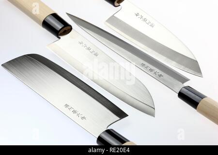 Japanese chef's knives, fish knife, meat knife, cleaver, filleting knife, kitchen knife, engraved with characters, wooden handle Stock Photo