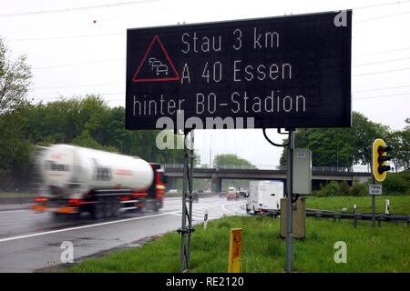 Electronic traffic jam warning sign on the highway A40, so-called Ruhrschnellweg, Bochum, Ruhrgebiet region Stock Photo