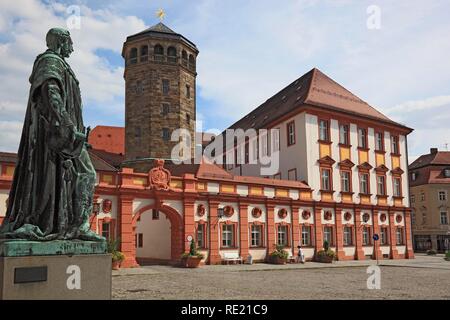 Castle Tower and Castle Church, statue of Maximilian II, King of Bavaria, courtyard of the Old Castle in the center of Bayreuth Stock Photo