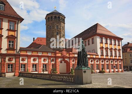 Castle Tower and Castle Church, statue of Maximilian II, King of Bavaria, courtyard of the Old Castle in the center of Bayreuth Stock Photo