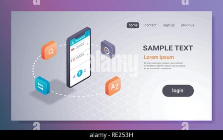 mobile translator application online translation concept smartphone screen internet dictionary learning language app 3d isometric flat horizontal copy space Stock Vector