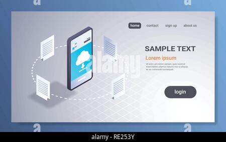 online downloading mobile application computing cloud synchronization concept network sync document storage 3d isometric smartphone screen horizontal copy space Stock Vector