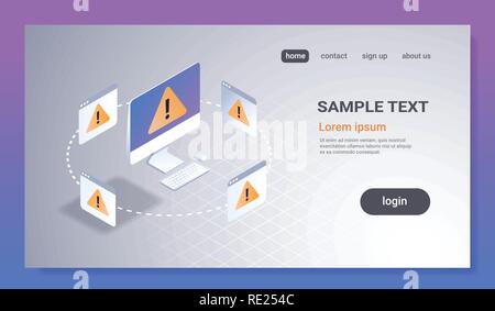 problem computer application software error concept 3d isometric technology exclamation mark icon pc monitor screen alert warning notification horizontal copy space Stock Vector