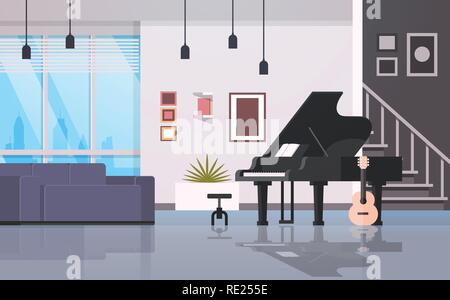 contemporary home hall musical instruments piano guitar empty house room modern apartment interior flat horizontal Stock Vector