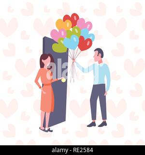 man giving woman colorful heart shape air balloons happy valentines day concept young couple in love holiday surprise girl opening door full length characters flat Stock Vector