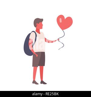 man holding red heart shape air balloon happy valentines day holiday celebration concept young guy with backpack in love full length male cartoon character isolated flat Stock Vector