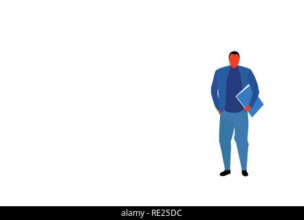 young businessman holding document folder male office worker business man wearing blue suit boss standing pose full length character flat horizontal isolated Stock Vector
