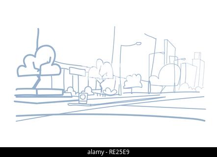 empty city street skyscraper buildings view modern cityscape sketch doodle hand drawn style horizontal Stock Vector