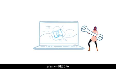 woman mechanic engineer holding wrench near laptop screen digital computer device support service concept sketch doodle horizontal Stock Vector