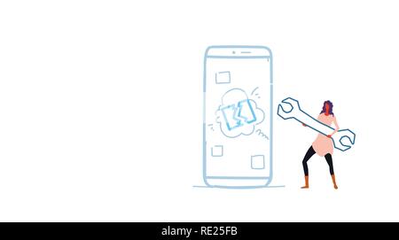 woman mechanic engineer holding wrench near smartphone screen digital mobile device support service concept sketch doodle horizontal Stock Vector