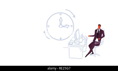 businessman working on computer sitting workplace young business man office worker deadline concept wall clock icon modern cabinet interior sketch doodle Stock Vector