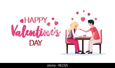 man feeding attractive woman with cake in cafe happy valentines day holiday celebration concept couple in love over red heart shapes greeting card horizontal isolated flat Stock Vector