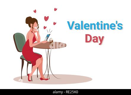 elegant woman sitting at table in cafe happy valentines day concept girl using smartphone video conversation with man lovers couple chatting online isolated horizontal Stock Vector