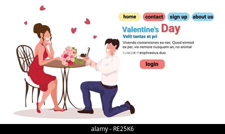 man kneeling holding engagement ring proposing to woman marry him happy valentines day concept couple in love marriage offer full length characters horizontal copy space Stock Vector