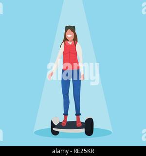 happy woman riding electric scooter girl standing on modern personal transport concept female cartoon character flat Stock Vector