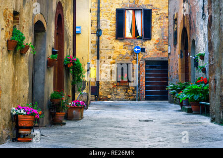 Amazing travel destination in Tuscany, rustic traditional decorated street with colorful flowers and rural stone houses, Pienza, Tuscany, Italy, Europ Stock Photo