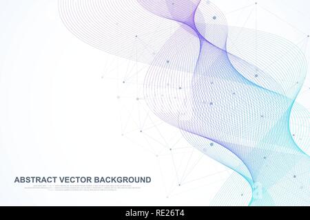 Abstract plexus background with connected lines and dots. Wave flow. Plexus geometric effect Big data with compounds. Lines plexus, minimal array. Digital data visualization. Vector illustration Stock Vector