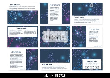 Big set of vector templates for presentation slides. Modern graphic background structure molecule and communication. Scientific pattern atom DNA. Medical, science, chemistry design. Stock Vector