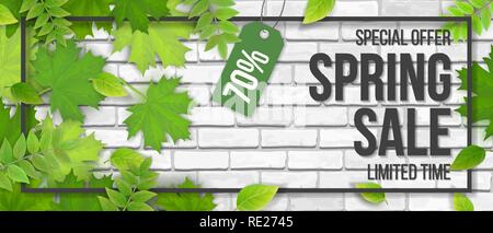 Sale frame spring leaves on white brick wall background. Stock Vector