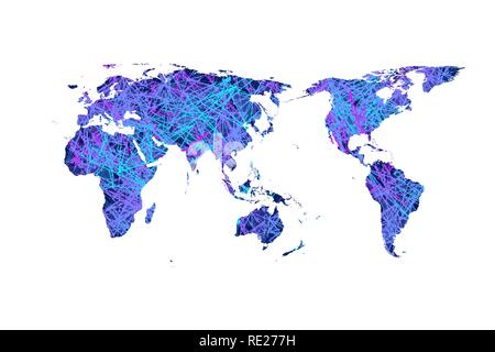 Plexus world map vector flat design, Asia in center. Stock Vector