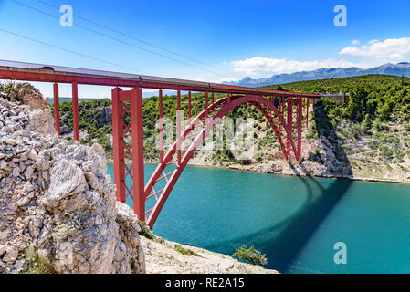 Red Iron Road Bridge over the river. Zadar, Croatia. Stock Photo