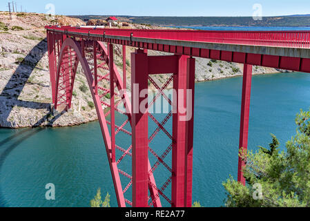 Red Iron Road Bridge over the river. Zadar, Croatia. Stock Photo