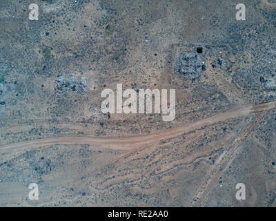 Aerial view of masonry stone farm buildings built during the early settlement of the region north of Quorn in the Flinders Ranges South Australia Stock Photo