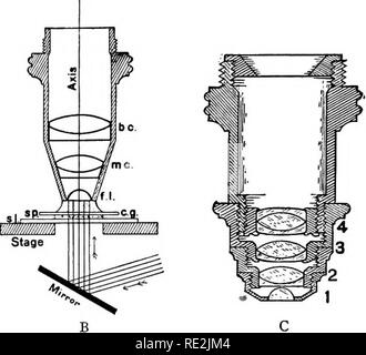 . The microscope; an introduction to microscopic methods and to histology. Microscopes. Fig. 21 a. Low Objective in Section. Axis The principal optic axis of the objective. fl The front lens of the objective. be The back combination composed of a concave and a convex lens. Stage The stage of the microscope in section. Mirror The mirror is above the stage in this case and reflects light down upon the object. rl Reflected light from the object. si The glass slide. sp The specimen on the slide. eg Cover-glass over the specimen. Fio. 21 B. High Power Objective in Section. Axis The principal optic  Stock Photo