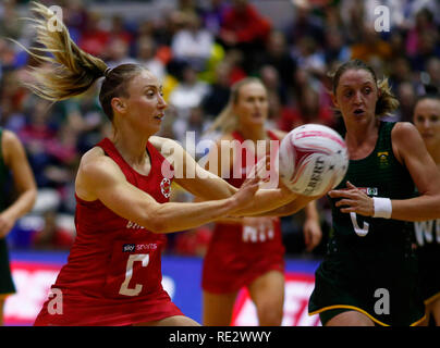 London, UK. 19th Jan 2019.  Serena Guthrie of England Roses During Netball Quad Series Vitality Netball International match between England and South Afr at Copper Box Arena on January 19, 2019 in London, England.  Credit Action Foto Sport Credit: Action Foto Sport/Alamy Live News Stock Photo