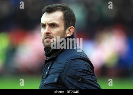 Stoke on Trent, UK. 19th Jan 2019. Stoke City Manager Nathan Jones looks on from the touchline. EFL Skybet championship match, Stoke City v Leeds United at the Bet365 stadium in Stoke on Trent on Saturday 19th January 2019.  this image may only be used for Editorial purposes. Editorial use only, license required for commercial use. No use in betting, games or a single club/league/player publications. pic by Steffan Bowen/Andrew Orchard sports photography/Alamy Live news Stock Photo