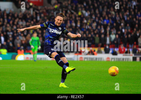 Stoke on Trent, UK. 19th Jan 2019. Luke Ayling of Leeds United takes a shot at goal. EFL Skybet championship match, Stoke City v Leeds United at the Bet365 stadium in Stoke on Trent on Saturday 19th January 2019.  this image may only be used for Editorial purposes. Editorial use only, license required for commercial use. No use in betting, games or a single club/league/player publications. pic by Steffan Bowen/Andrew Orchard sports photography/Alamy Live news Stock Photo