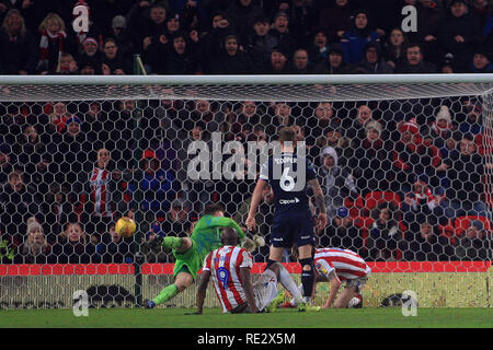 Stoke on Trent, UK. 19th Jan 2019. Joe Allen of Stoke City (R) scores his team's second goal. EFL Skybet championship match, Stoke City v Leeds United at the Bet365 stadium in Stoke on Trent on Saturday 19th January 2019.  this image may only be used for Editorial purposes. Editorial use only, license required for commercial use. No use in betting, games or a single club/league/player publications. pic by Steffan Bowen/Andrew Orchard sports photography/Alamy Live news Stock Photo