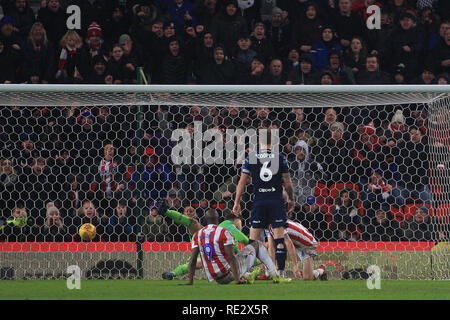 Stoke on Trent, UK. 19th Jan 2019. Joe Allen of Stoke City (R) scores his team's second goal. EFL Skybet championship match, Stoke City v Leeds United at the Bet365 stadium in Stoke on Trent on Saturday 19th January 2019.  this image may only be used for Editorial purposes. Editorial use only, license required for commercial use. No use in betting, games or a single club/league/player publications. pic by Steffan Bowen/Andrew Orchard sports photography/Alamy Live news Stock Photo