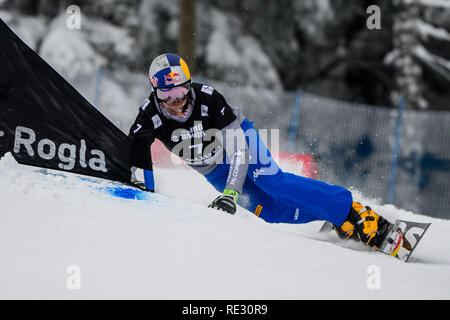 Rogla, Slovenia. 19th Jan 2019. Roland Fischnaller of Italy competes during the FIS Snowboard Men's Parallel Giant Slalom World Cup race in Rogla, Slovenia on January 19, 2019. Photo: Jure Makovec Credit: Jure Makovec/Alamy Live News Stock Photo