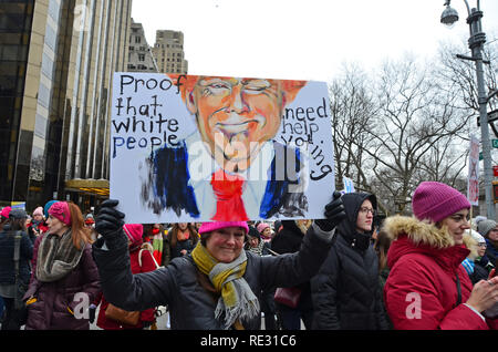 New York, USA. 19th Jan 2019. Marcher proudly holding her hand made poster of Trump Credit: Rachel Cauvin/Alamy Live News Stock Photo